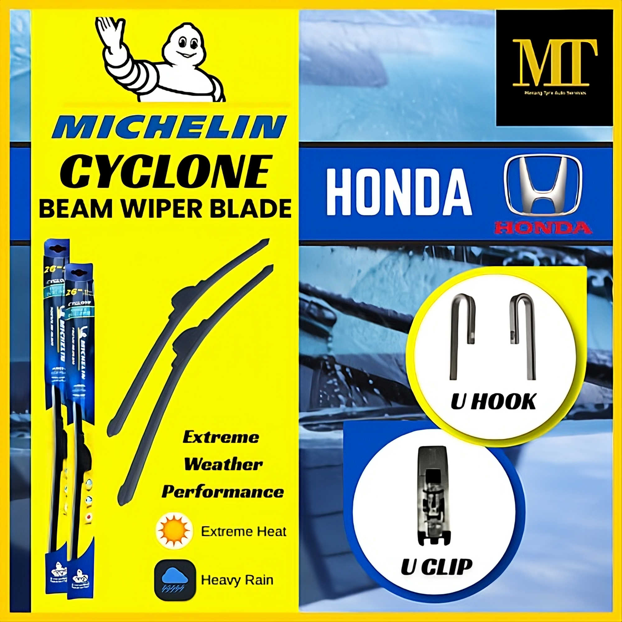 2pcs set Michelin Honda Wiper J/U Hook Accord, Civic, City, Jazz, BRV, CRV, HRV, WRV, Odysey, Stream